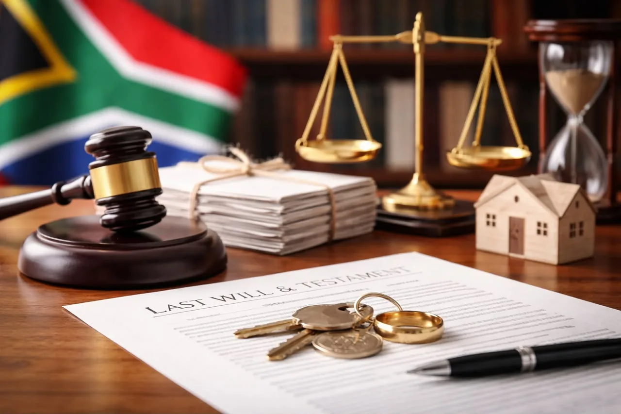 A Last Will & Testament with house keys, a gavel and the South African flag