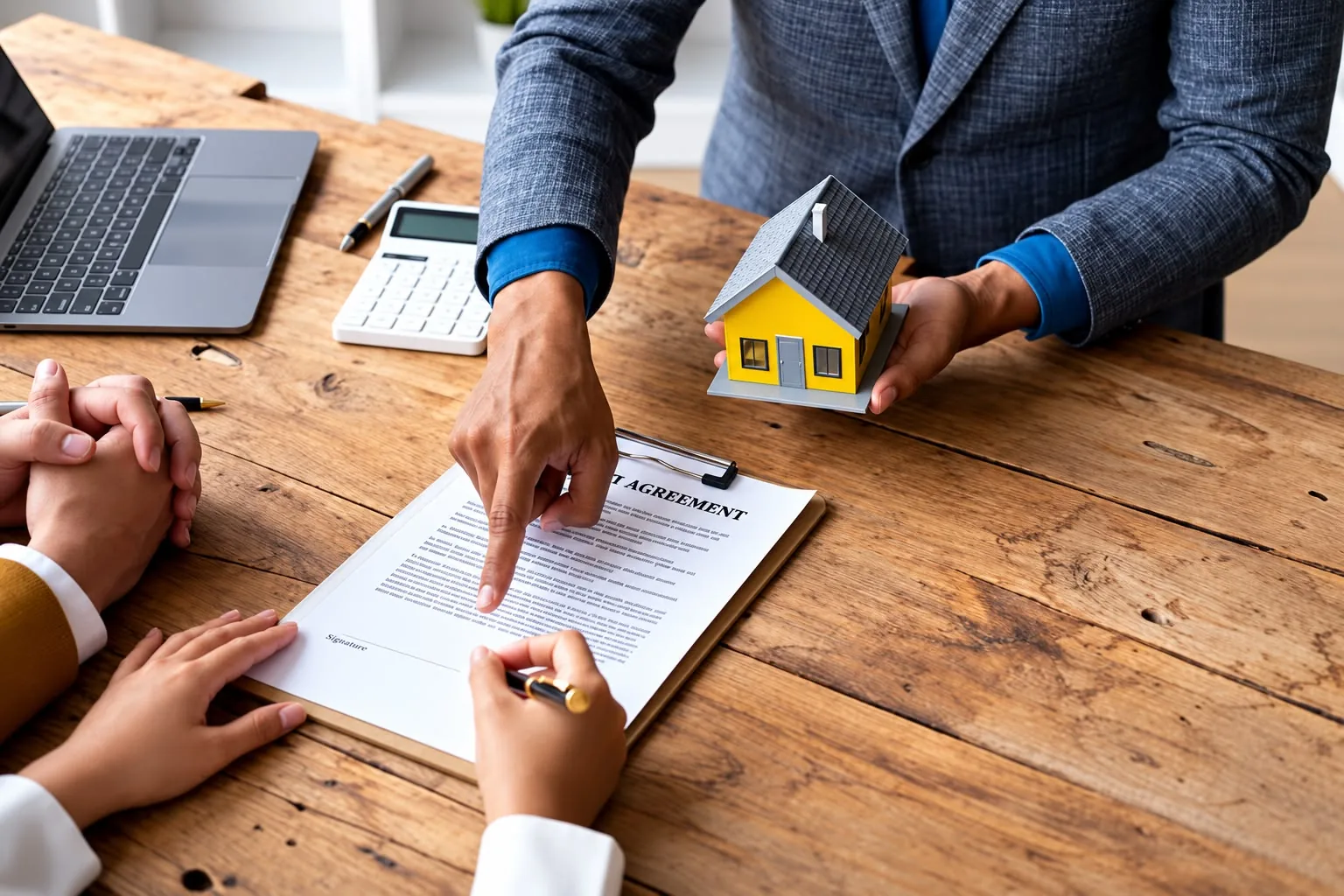 An agent pointing to a property sale agreement while a client signs