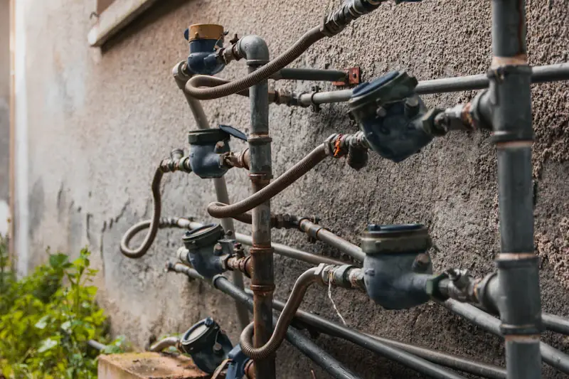 Water meters and pipes on an outside wall
